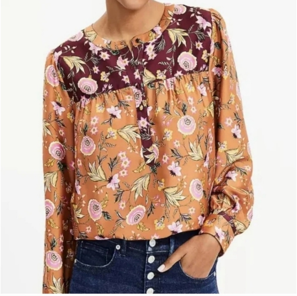 LOFT Mixed Media Floral Henley Top Size Large